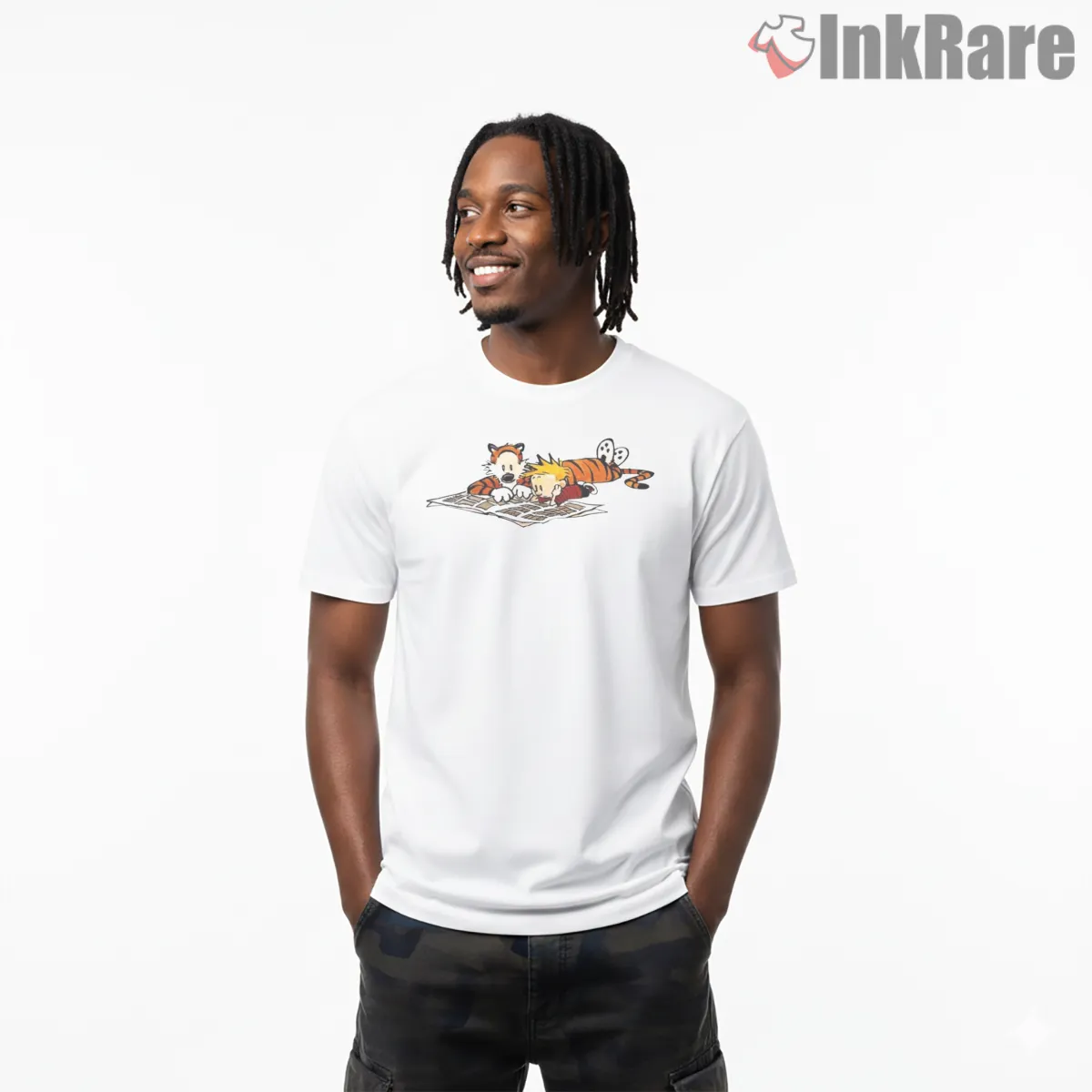 Calvin And Hobbes Lazy Day Comic Reading Shirt on white short sleeve shirt for men graphic tee