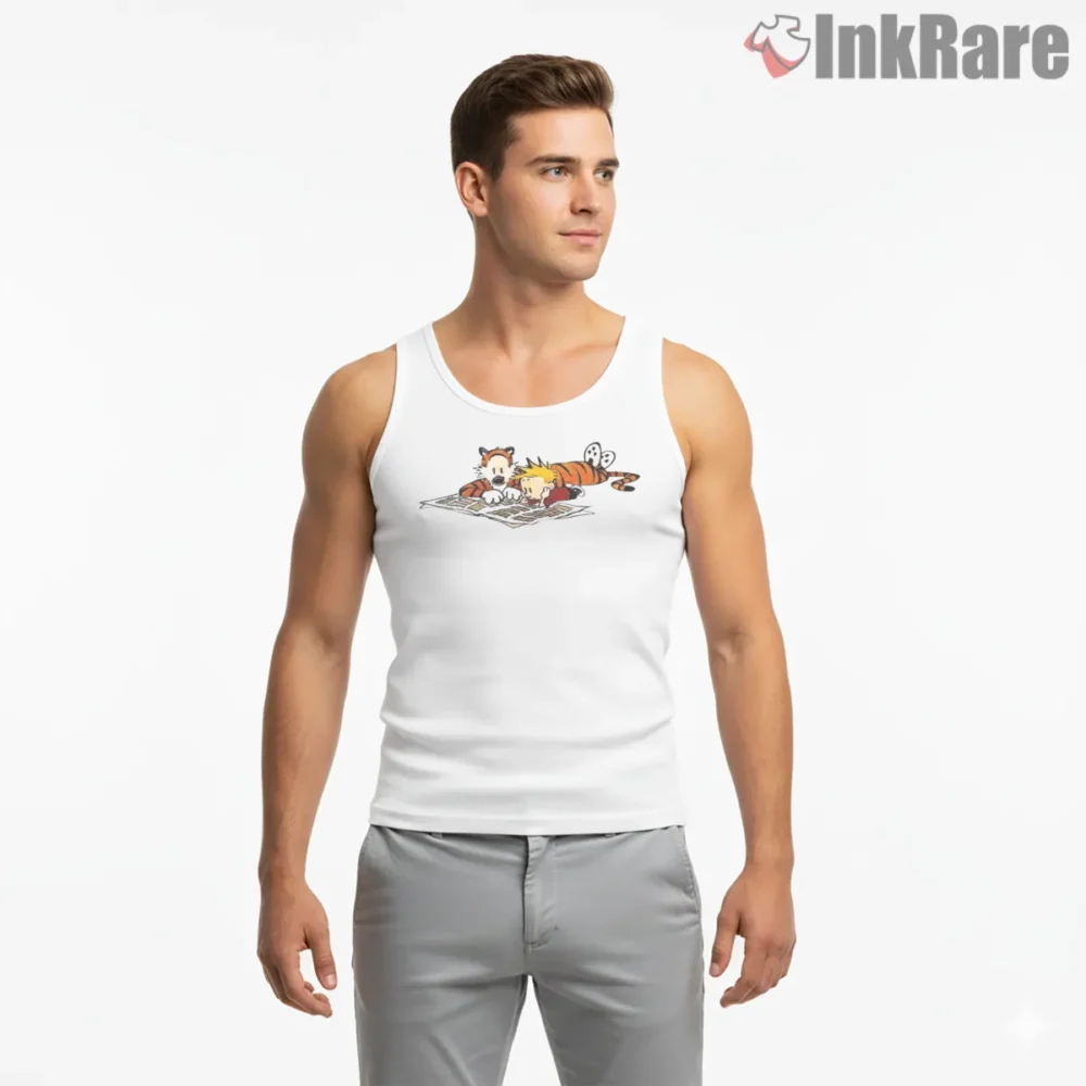Calvin And Hobbes Lazy Day Comic Reading Shirt on white tank top for men graphic tee
