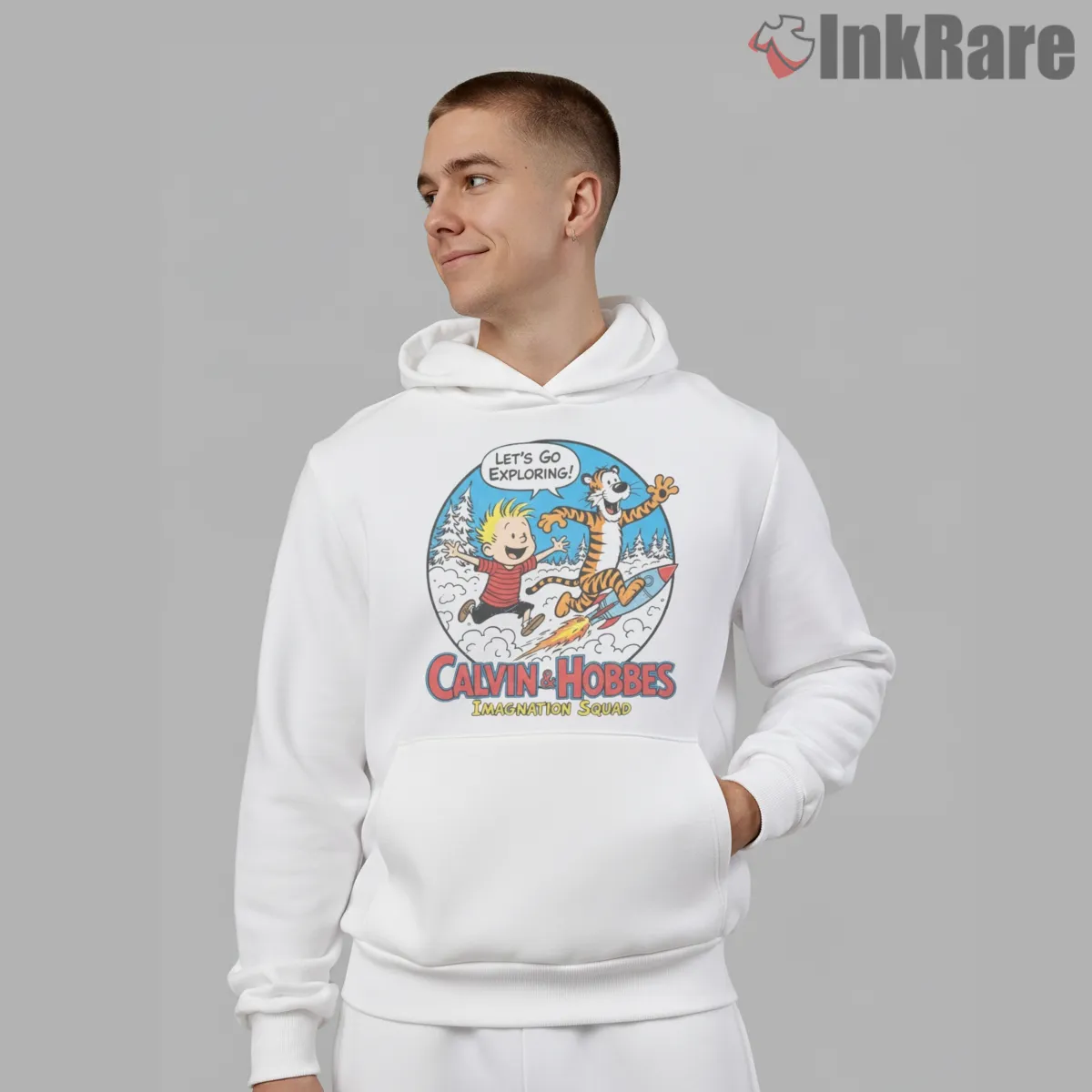 Calvin And Hobbes Lets Go Exploring Rocket Shirt on white hoodie for men graphic tee