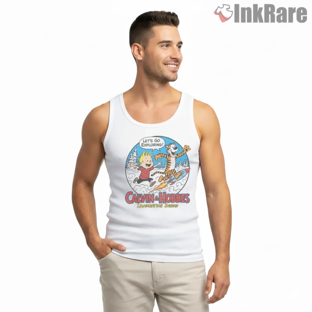 Calvin And Hobbes Lets Go Exploring Rocket Shirt on white tank top for men graphic tee