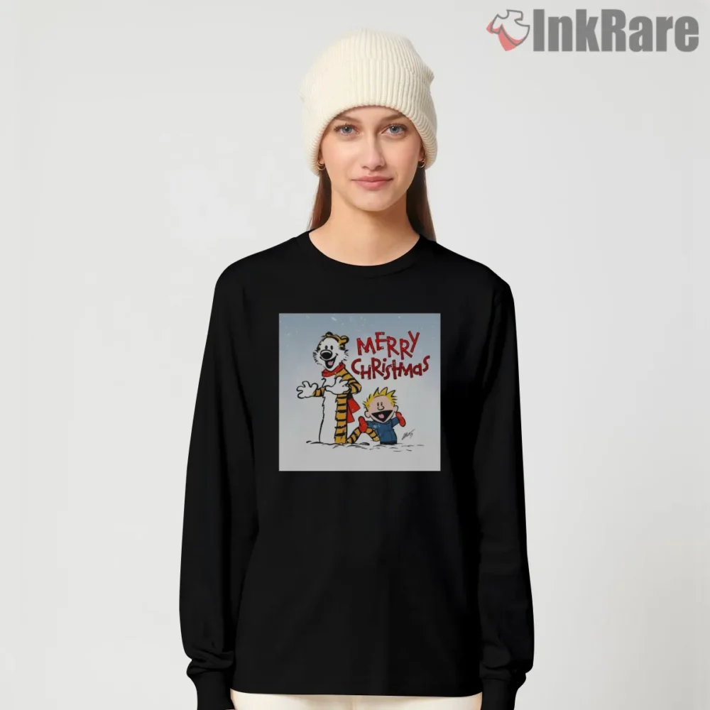 Calvin And Hobbes Merry Christmas Friends Shirt on black long sleeve shirt for women graphic tee