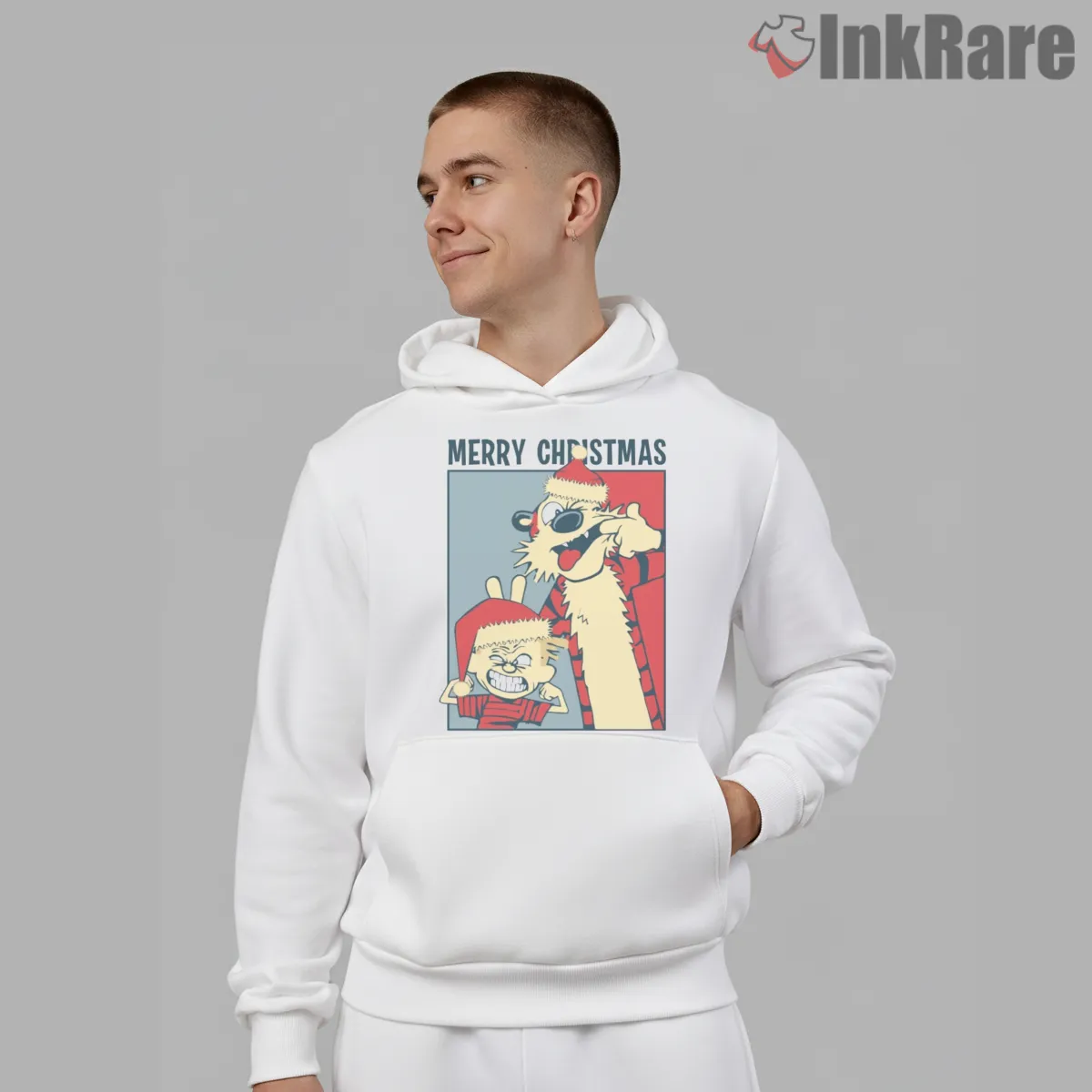 Calvin And Hobbes Merry Christmas Poster Shirt on white hoodie for men graphic tee