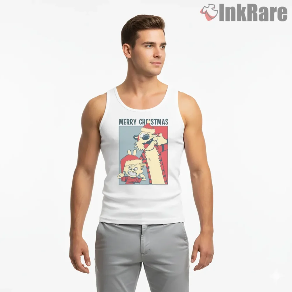 Calvin And Hobbes Merry Christmas Poster Shirt on white tank top for men graphic tee