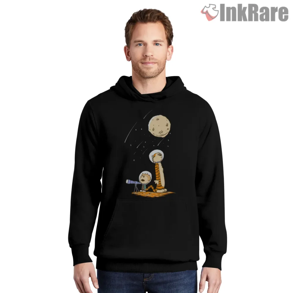 Calvin And Hobbes Moonlit Astronaut Dreams Shirt on black hoodie for men graphic tee