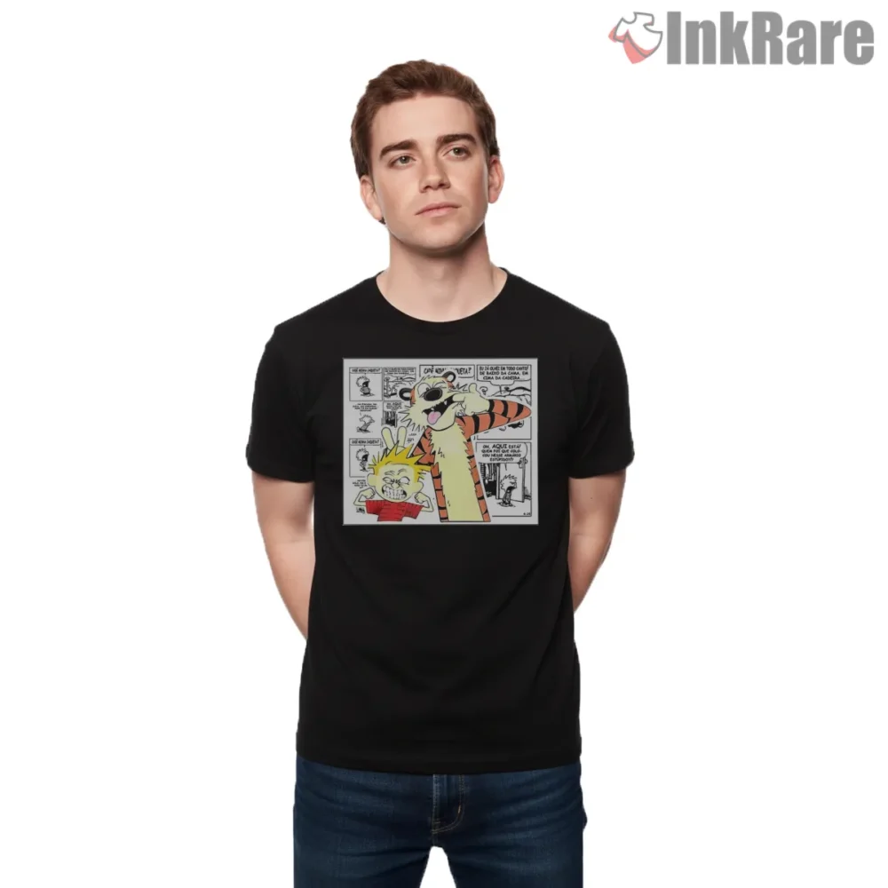 Calvin And Hobbes Newspaper Satire Shirt on black short sleeve shirt for men graphic tee