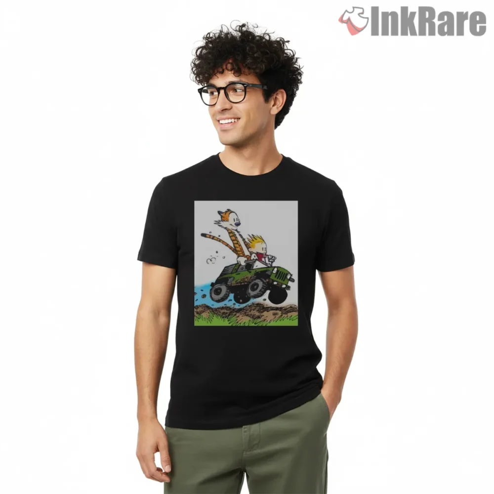Calvin And Hobbes Off Road Jeep Adventure Shirt on black short sleeve shirt for men graphic tee