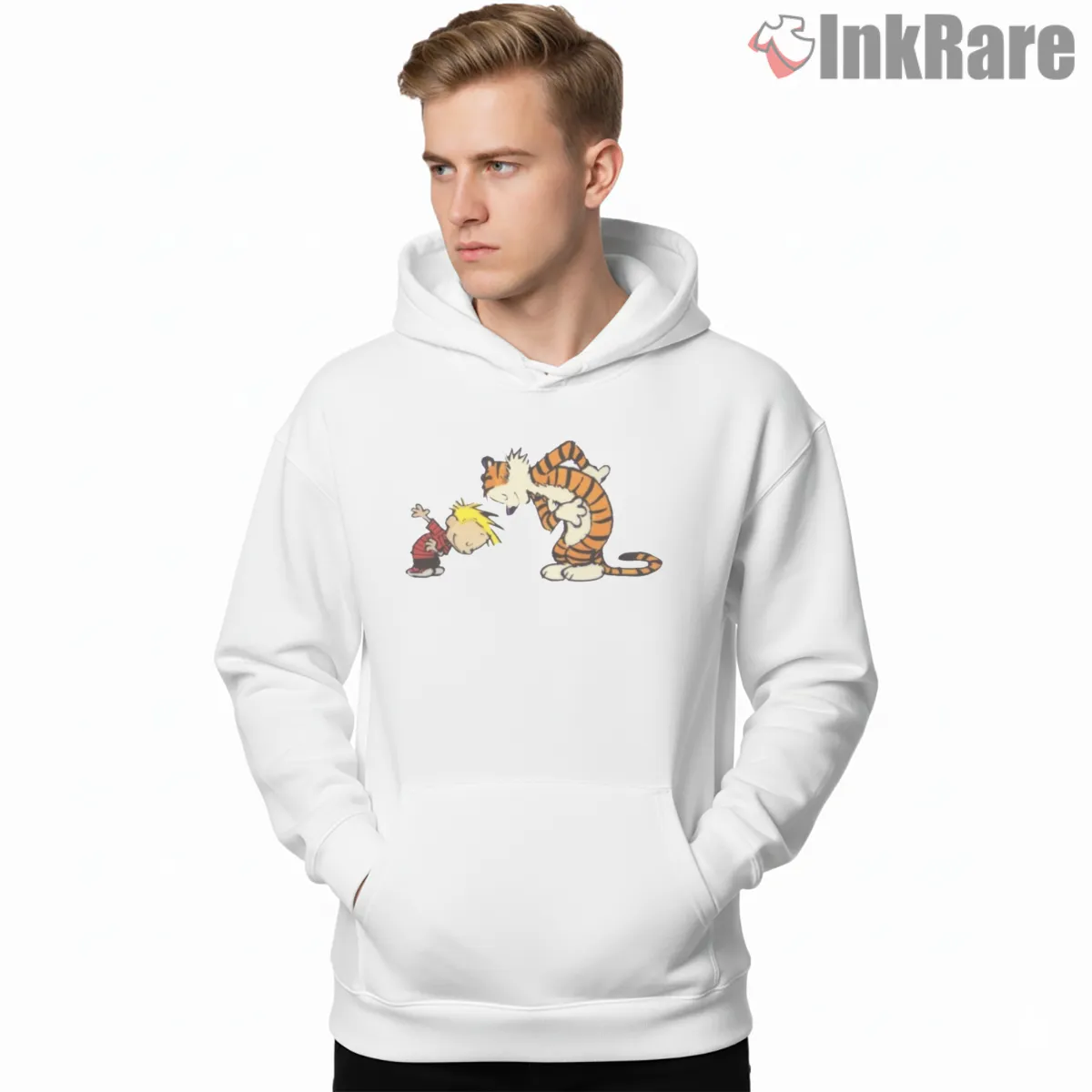 Calvin And Hobbes Playful Bow And Laugh Shirt on white hoodie for men graphic tee