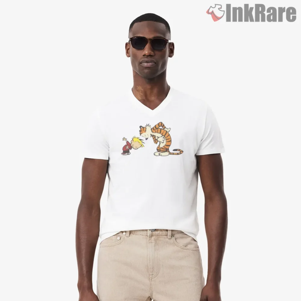 Calvin And Hobbes Playful Bow And Laugh Shirt on white v-neck shirt for men graphic tee