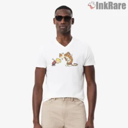 Calvin And Hobbes Playful Bow And Laugh Shirt on white v-neck shirt for men graphic tee