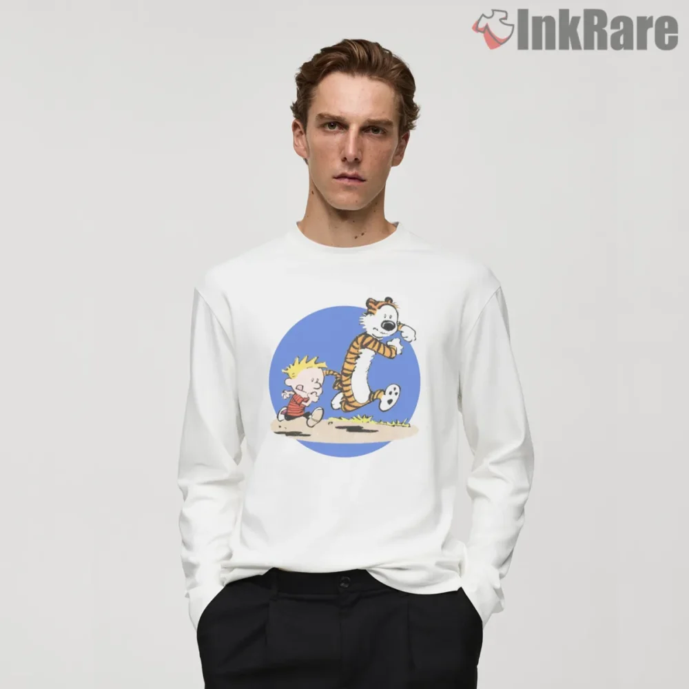 Calvin And Hobbes Playful Pounce Shirt on white long sleeve shirt for men graphic tee