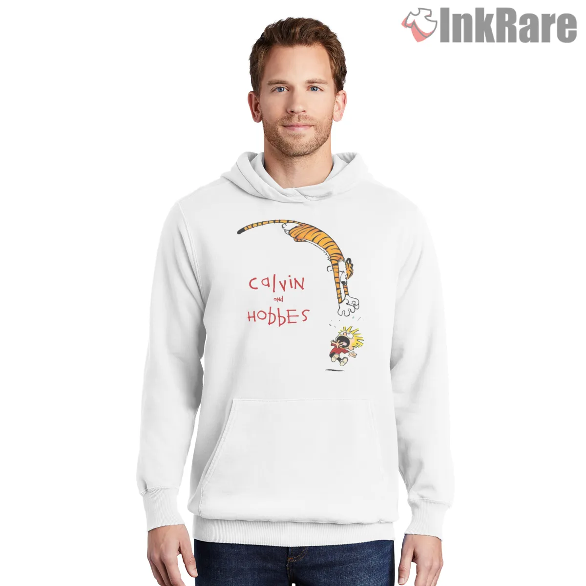 Calvin And Hobbes Playful Scribble Logo Shirt on white hoodie for men graphic tee
