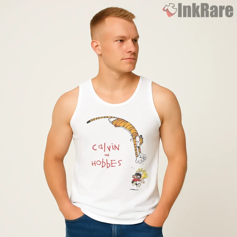 Calvin And Hobbes Playful Scribble Logo Shirt on white tank top for men graphic tee