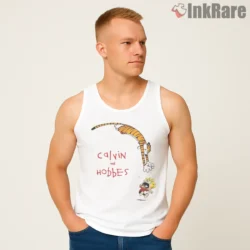 Calvin And Hobbes Playful Scribble Logo Shirt on white tank top for men graphic tee