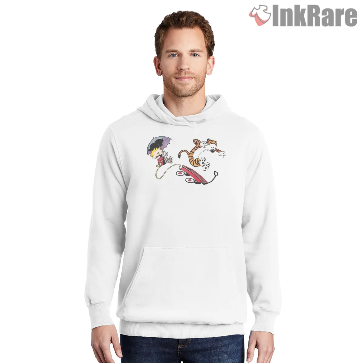 Calvin And Hobbes Rainy Day Wagon Jump Shirt on white hoodie for men graphic tee