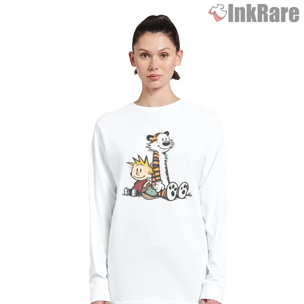 Calvin And Hobbes Relaxed Buddy Moment Shirt on white long sleeve shirt for women graphic tee
