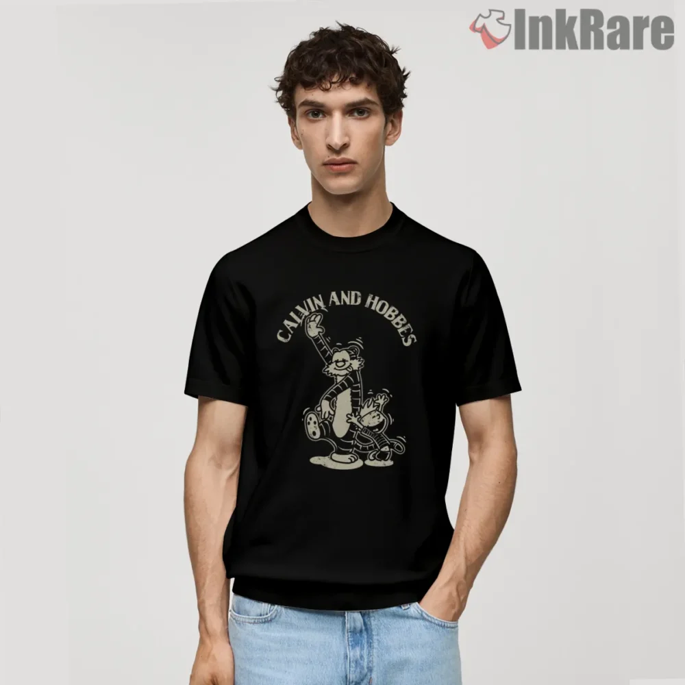 Calvin And Hobbes Retro Dance Groove Shirt on black short sleeve shirt for men graphic tee