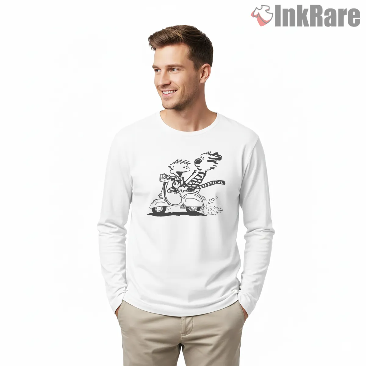 Calvin And Hobbes Retro Scooter Ride Shirt on white long sleeve shirt for men graphic tee