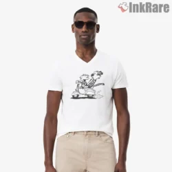 Calvin And Hobbes Retro Scooter Ride Shirt on white v-neck shirt for men graphic tee