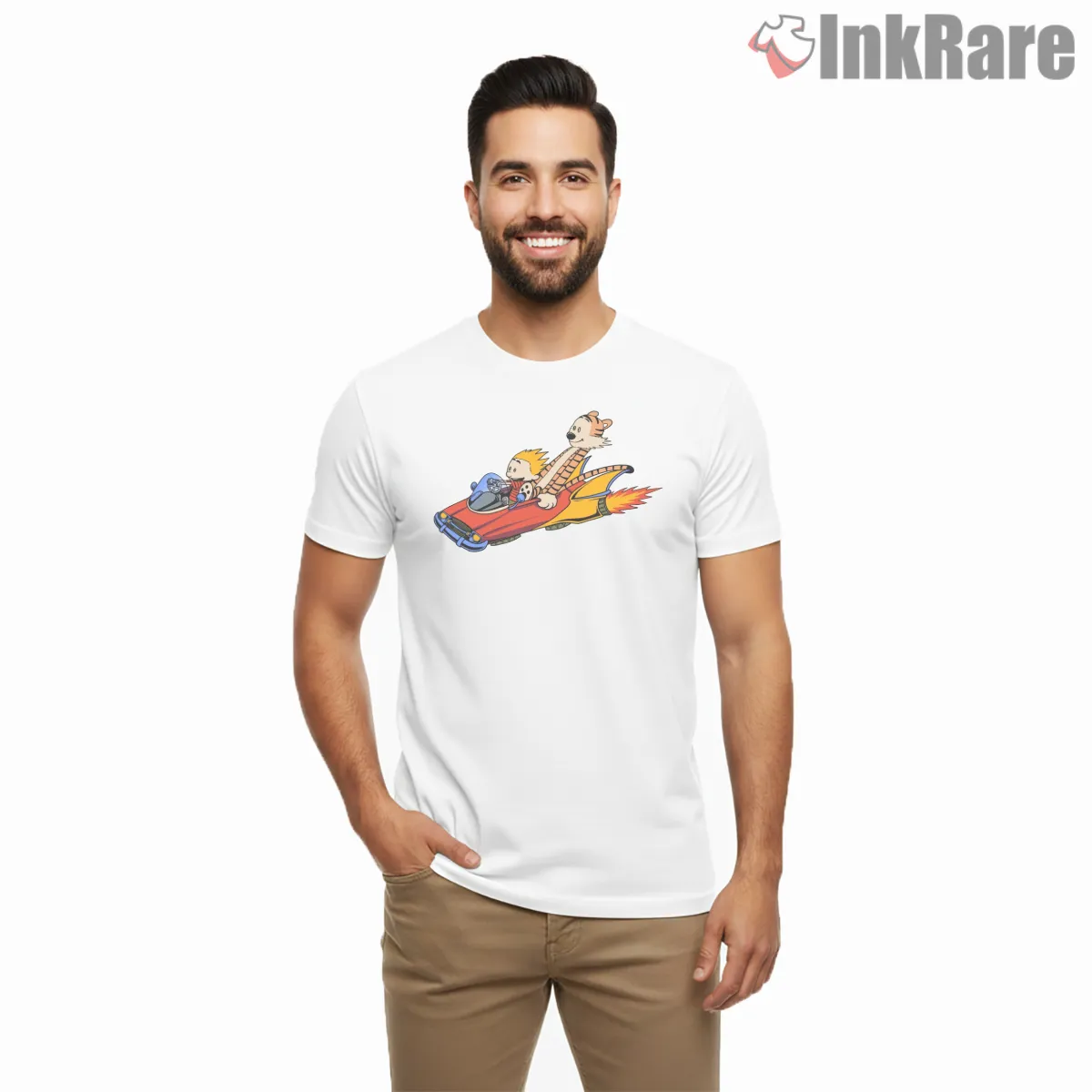 Calvin And Hobbes Rocket Roadster Ride Shirt on white short sleeve shirt for men graphic tee