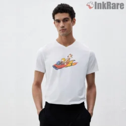 Calvin And Hobbes Rocket Roadster Ride Shirt on white v-neck shirt for men graphic tee