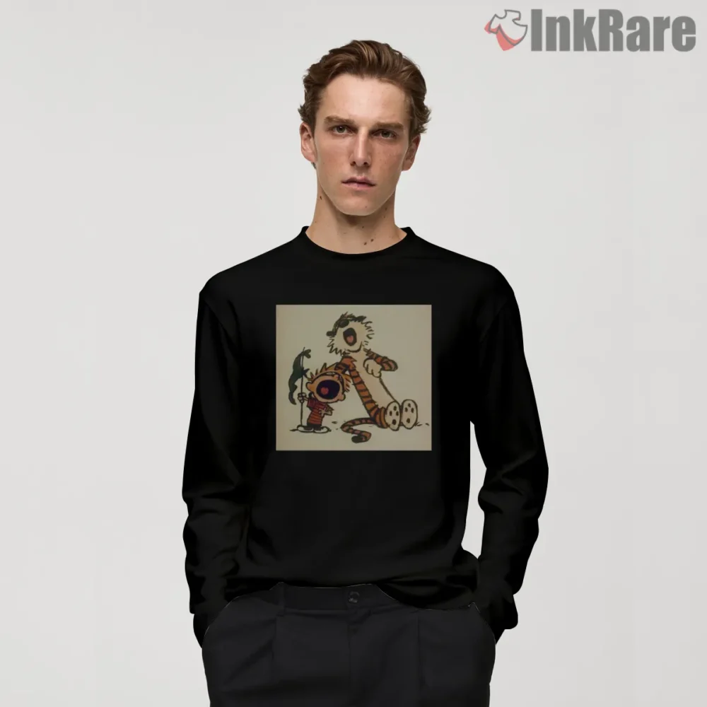 Calvin And Hobbes Sepia Explorer Duo Shirt on black long sleeve shirt for men graphic tee