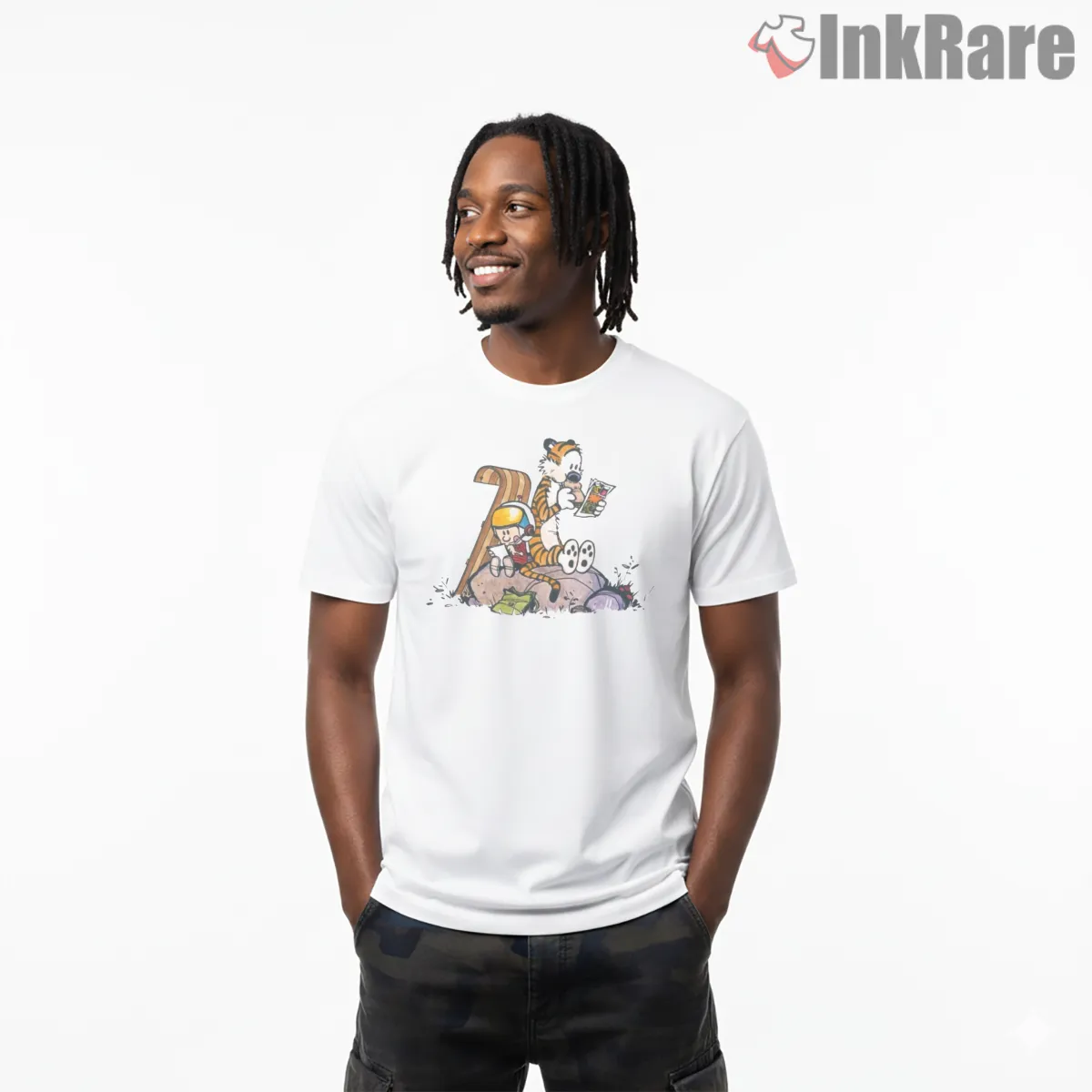 Calvin And Hobbes Sledding Comic Break Shirt on white short sleeve shirt for men graphic tee