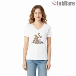 Calvin And Hobbes Sledding Comic Break Shirt on white v-neck shirt for women graphic tee