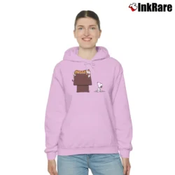 Women’s Calvin And Hobbes Sleeping On Doghouse Snoopy Cozy Hoodie in light pink | Warm, Structured, Stylish