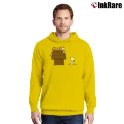 Men’s Calvin And Hobbes Sleeping On Doghouse Snoopy Pullover Hoodie in yellow | Cozy, Durable, Modern Fit