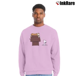 Men’s Calvin And Hobbes Sleeping On Doghouse Snoopy Crewneck Sweatshirt in light pink | Cozy Fabric, Clean Style