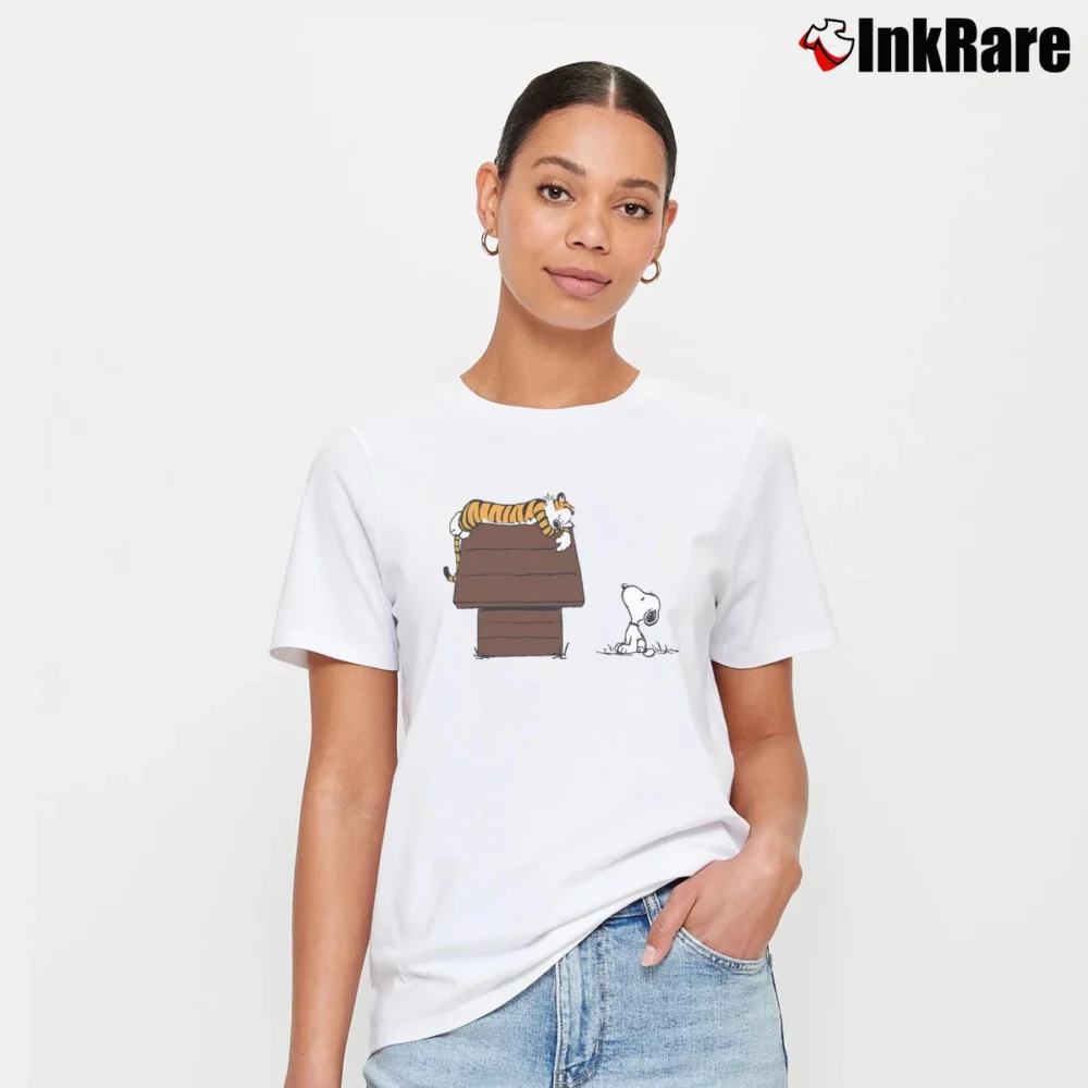 Women’s Calvin And Hobbes Sleeping On Doghouse Snoopy Signature T-Shirt in white | Soft, Flattering Fit