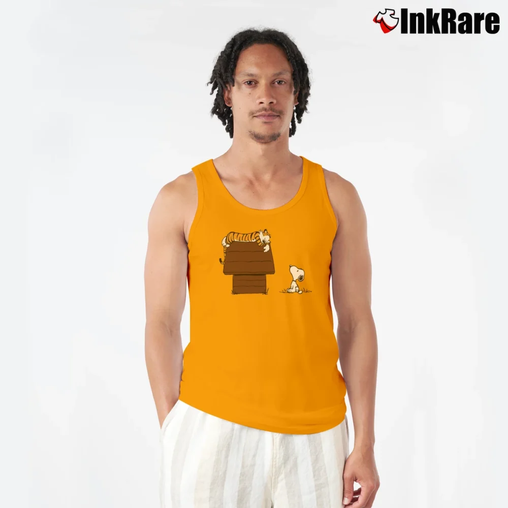 Men’s Calvin And Hobbes Sleeping On Doghouse Snoopy Tank Top in orange | Breathable, Active-Friendly Design