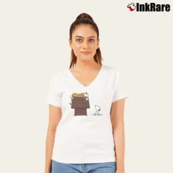 Women’s Calvin And Hobbes Sleeping On Doghouse Snoopy V-Neck Tee in white | Chic Neckline, Soft Texture