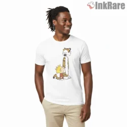 Calvin And Hobbes Snow Day Sledding Shirt on white short sleeve shirt for men graphic tee