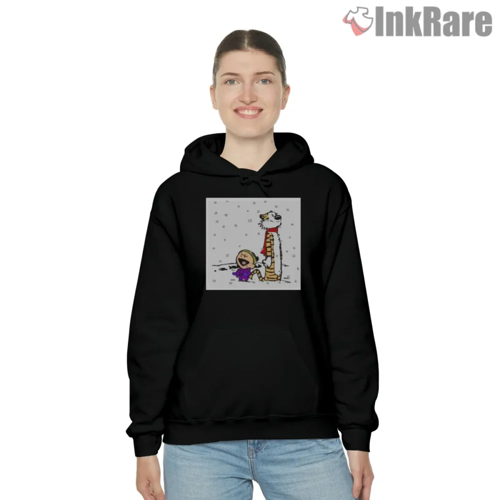 Calvin And Hobbes Snowfall Cozy Hug Shirt on black hoodie for women graphic tee