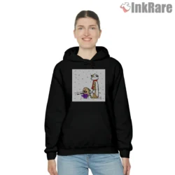 Calvin And Hobbes Snowfall Cozy Hug Shirt on black hoodie for women graphic tee