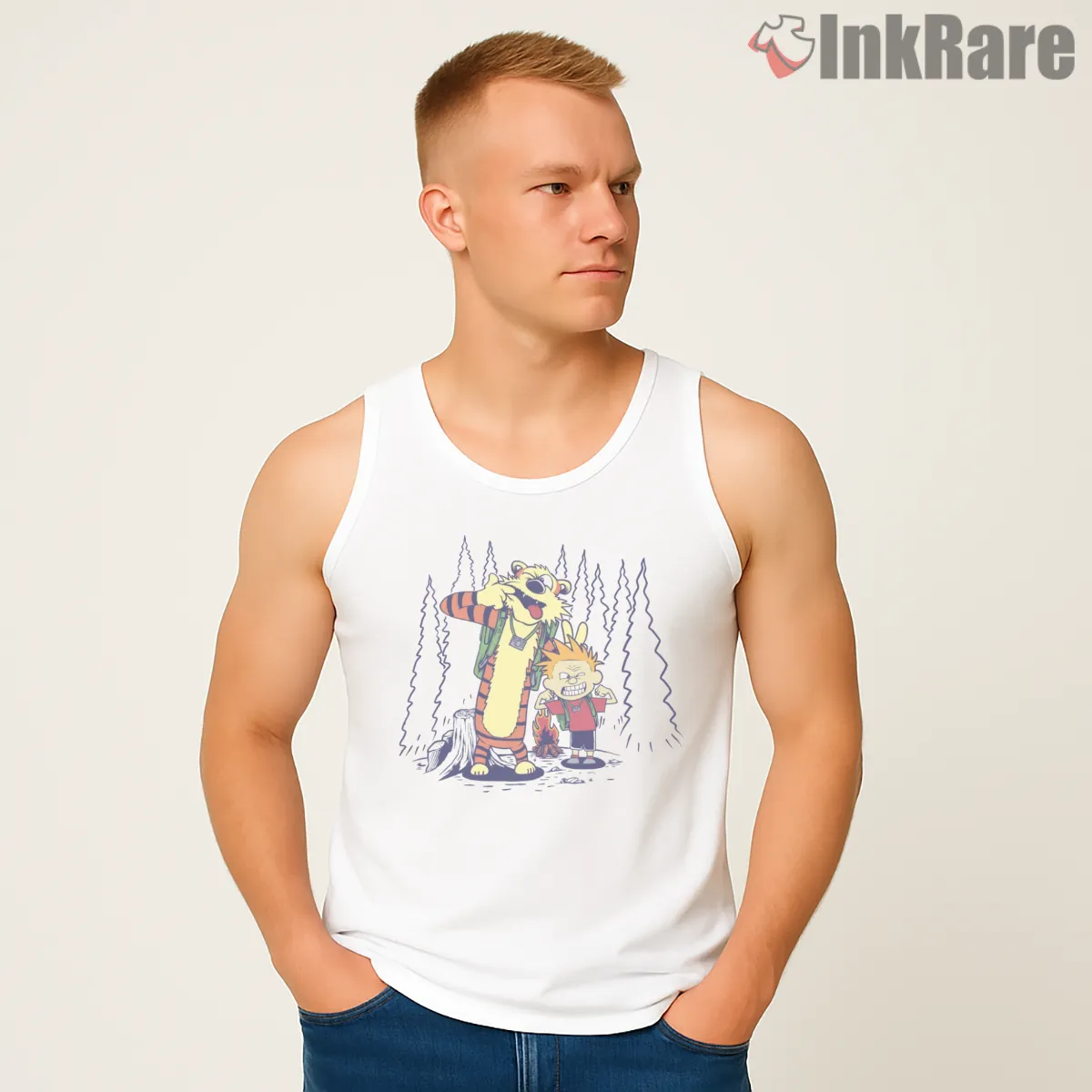 Calvin And Hobbes Snowy Hiking Trail Shirt on white tank top for men graphic tee