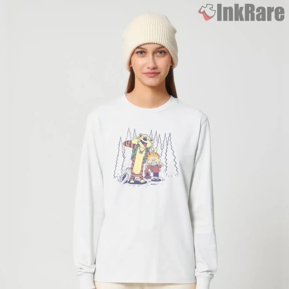 Calvin And Hobbes Snowy Hiking Trail Shirt on white long sleeve shirt for women graphic tee