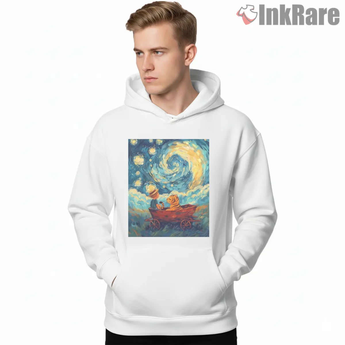 Calvin And Hobbes Starry Night Wagon Ride Shirt on white hoodie for men graphic tee