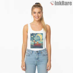 Calvin And Hobbes Starry Night Wagon Ride Shirt on white tank top for women graphic tee
