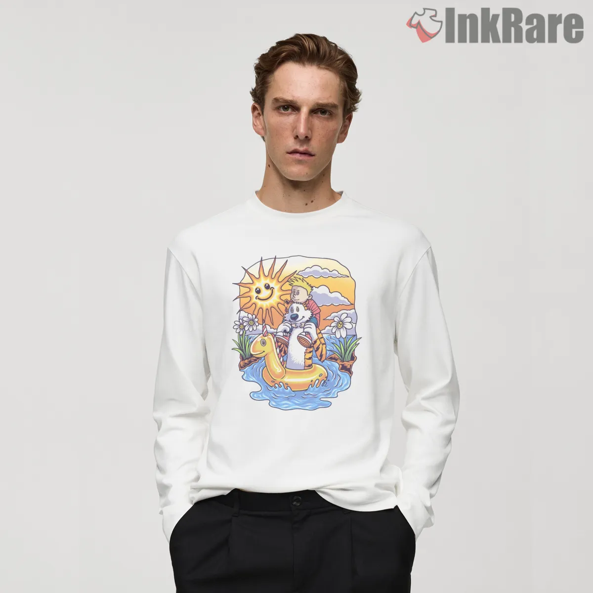 Calvin And Hobbes Sunny Floatie Swim Shirt on white long sleeve shirt for men graphic tee