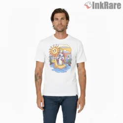 Calvin And Hobbes Sunny Floatie Swim Shirt on white short sleeve shirt for men graphic tee