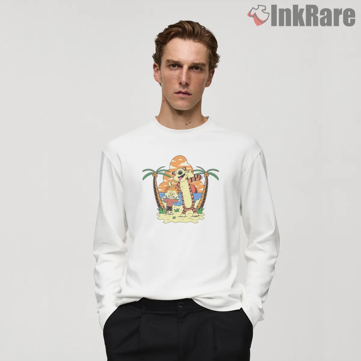 Calvin And Hobbes Sunset Beach Celebration Shirt on white long sleeve shirt for men graphic tee