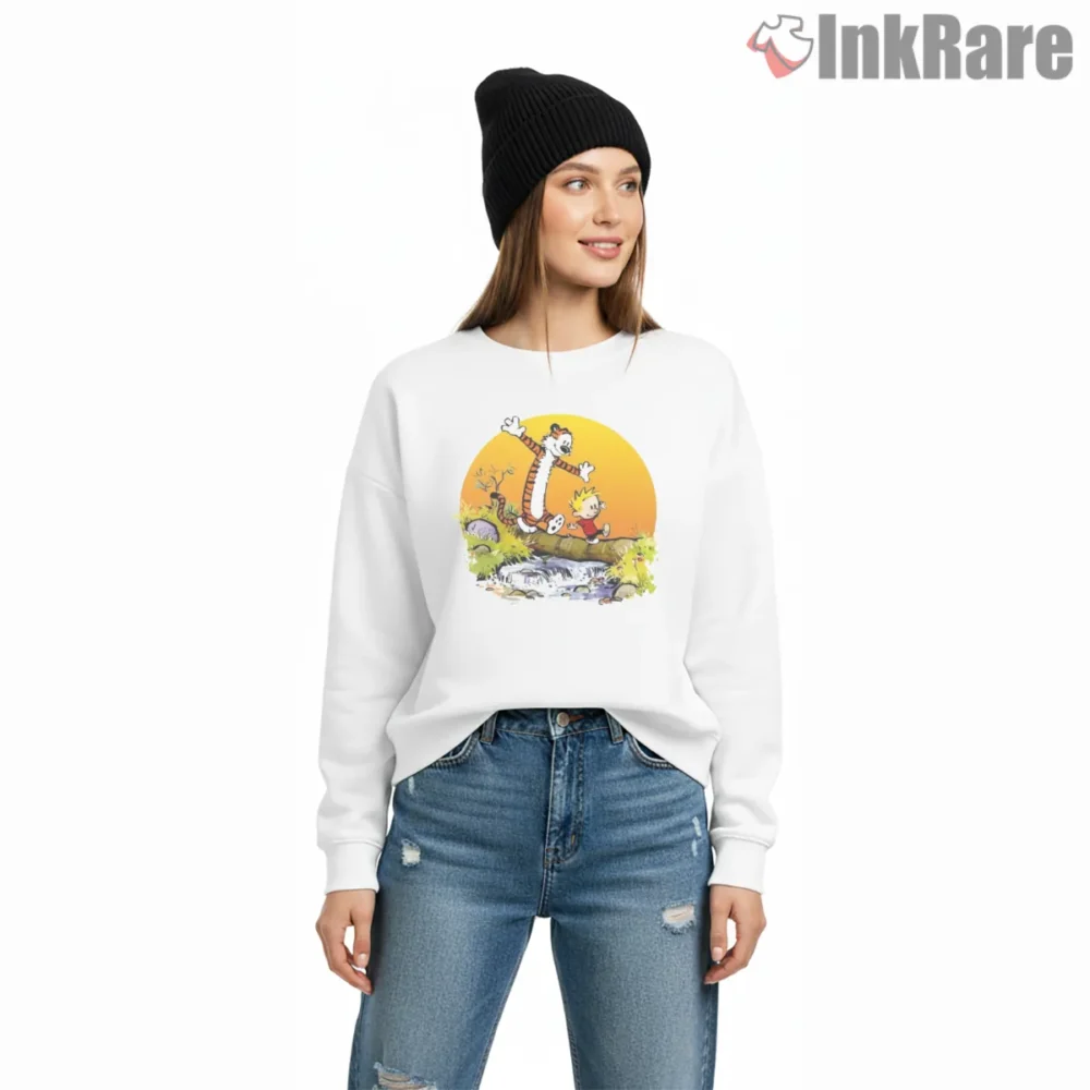 Calvin And Hobbes Sunset Creek Crossing Shirt on graphic shirt for women graphic tee