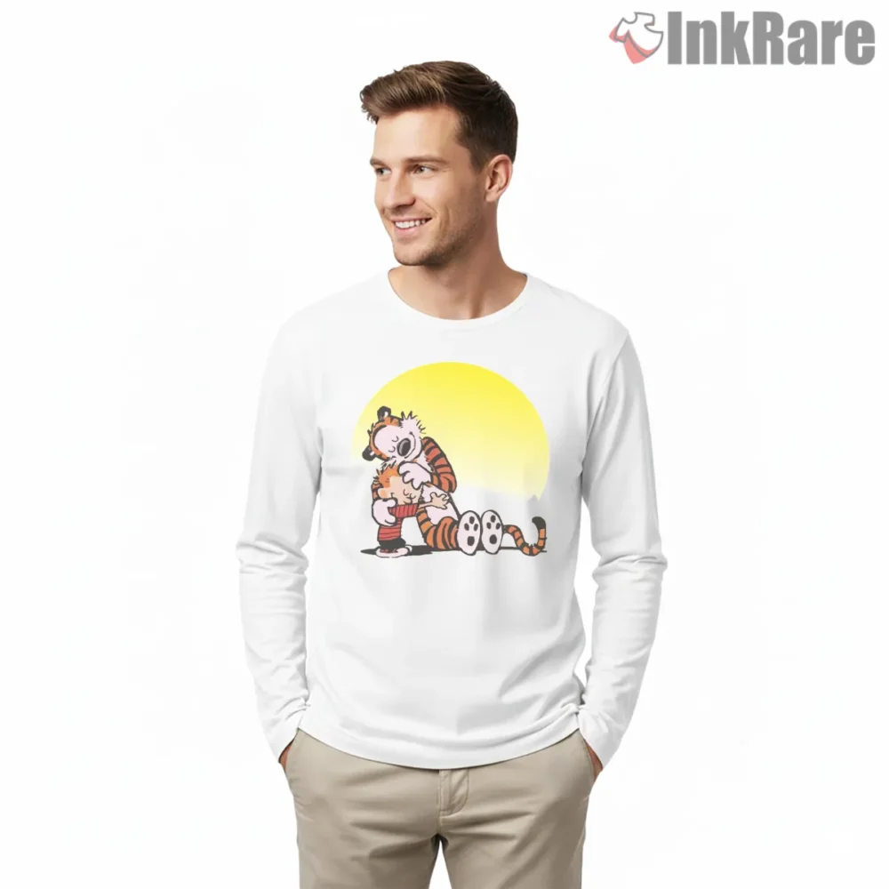 Calvin And Hobbes Sunset Hug Moment Shirt on white long sleeve shirt for men graphic tee