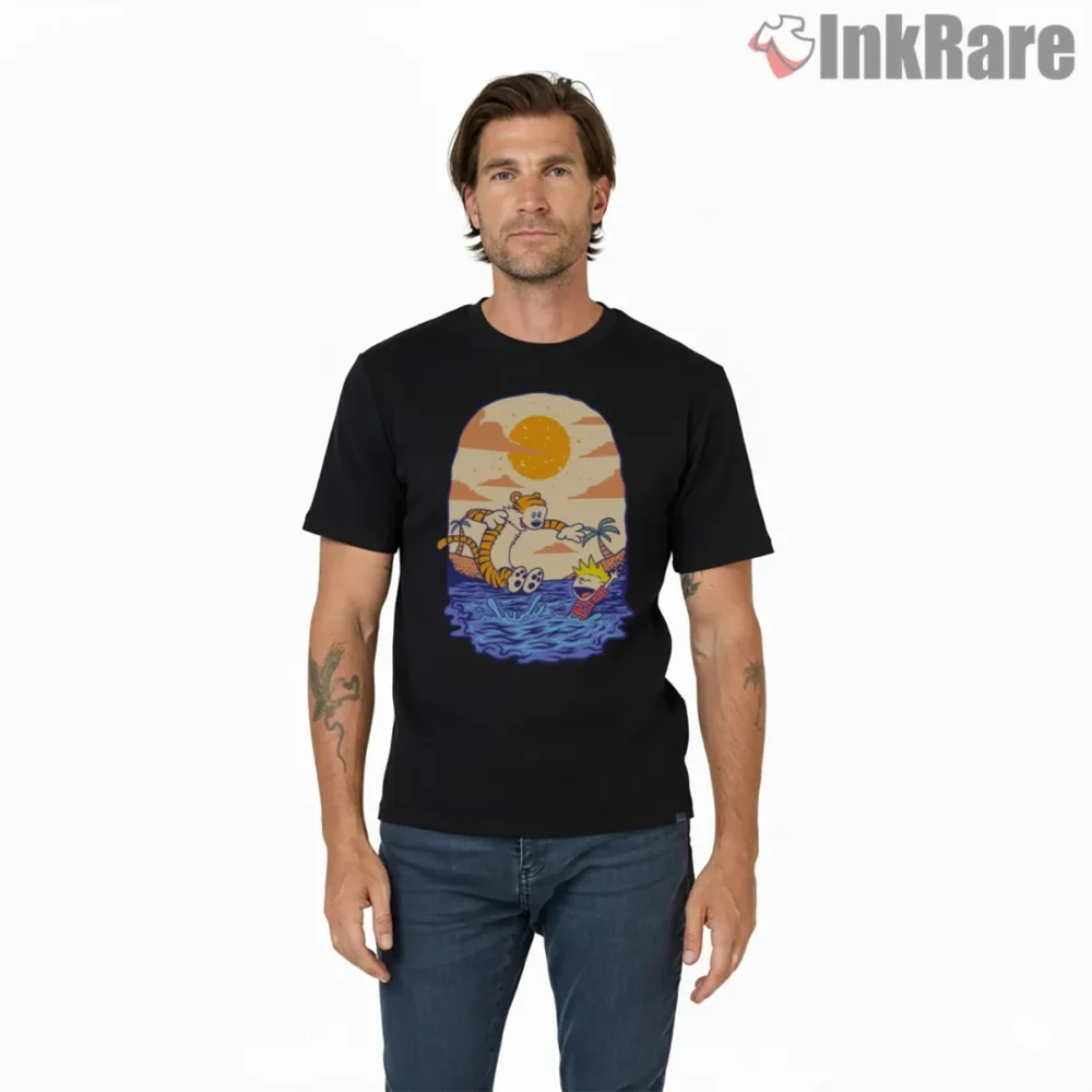 Calvin And Hobbes Sunset Swim Lagoon Shirt on black short sleeve shirt for men graphic tee
