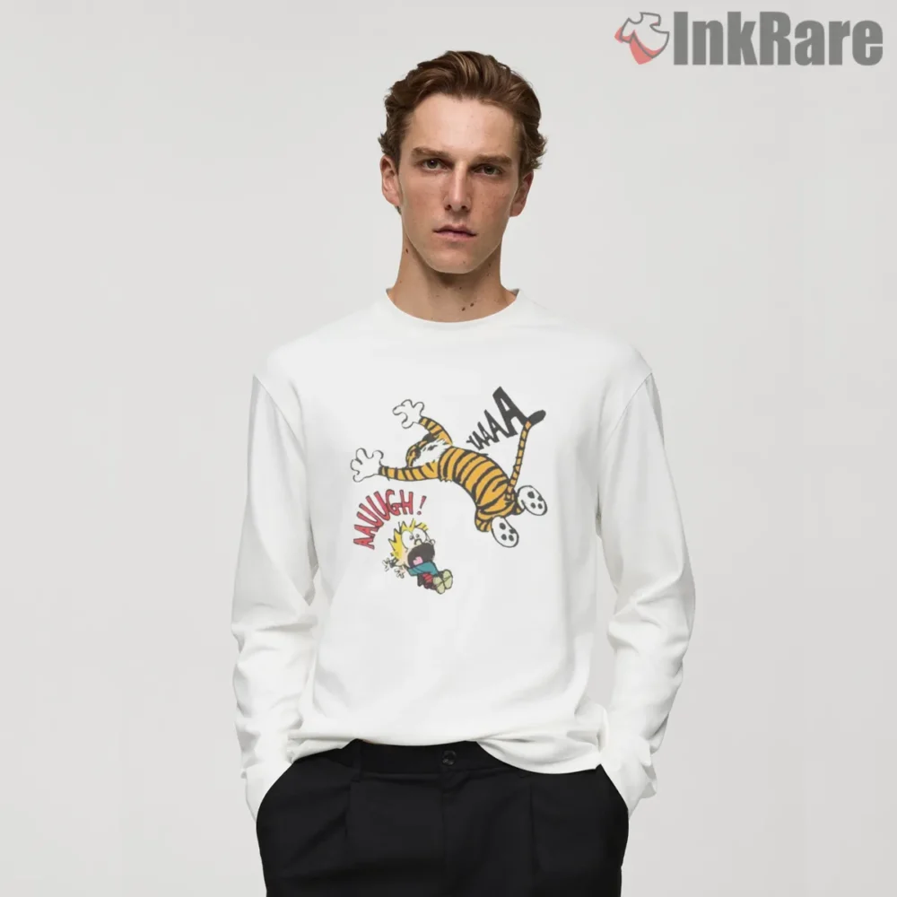 Calvin And Hobbes Surprise Pounce Scream Shirt on white long sleeve shirt for men graphic tee
