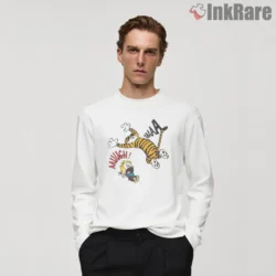Calvin And Hobbes Surprise Pounce Scream Shirt on white long sleeve shirt for men graphic tee