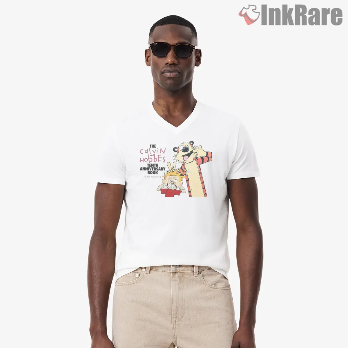 Calvin And Hobbes Tenth Anniversary Laughs Shirt on white v-neck shirt for men graphic tee
