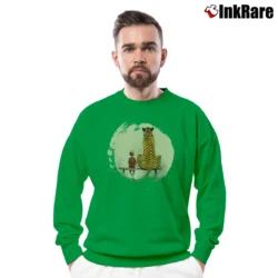 Men’s Calvin And Hobbes Thomas Tiger Bench Crewneck Sweatshirt in irish green | Cozy Fabric, Clean Style